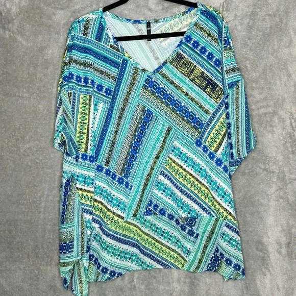 Bleeker & McDougal 2X Shirt Top Blue Striped Dolman Short Sleeve V‎ Neck Stretch - Picture 1 of 6